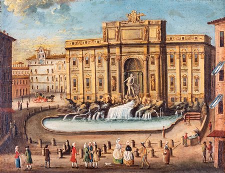 Scuola Romana del XVIII secolo ( - ) 
Coppia di vedute con Arco di Costantino e Fontana di Trevi 
coppia di olii su tela  cm 47x61 - in cornice: cm 58x71 e cm 48x60 