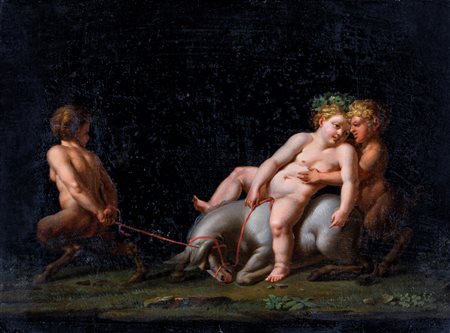 Michelangelo Maestri (attribuito a) (0 - Roma, 1812) 
Trionfo di Sileno 
Olio su cartoncino cm 33x41,5 - in cornice: 46x57