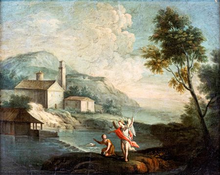 Pittore Veneto  XVII/XVIII secolo ( - ) 
Paesaggio lacustre con Tobiolo e l’Angelo. 
Olio su tela cm 70x90 - in cornice: cm 87x105