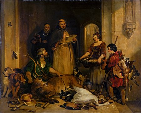 Sir Edwin Henry Landseer (Londra, 1802 - Londra, 1873) 
Il bottino di caccia 
Olio su tela cm 88x111 - in cornice: cm 120x140