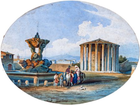 Roberto Gigli (Roma, 1846 - Roma, 1922) 
Tempio di Ercole vincitore 
acquerello su carta applicata su tavola diametro cm 47,5 - in cornice: cm diametro 62