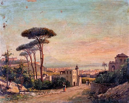 Giacinto Gigante (Napoli, 1806 - Napoli, 1876) 
Veduta di Napoli con il Vesuvio e Capodimonte 
Olio su tela cm 32x40