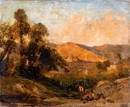 Giacinto Gigante (Napoli, 1806 - Napoli, 1876) 
Paesaggio di campagna con pastori al riposo 
Olio su tela cm 30x37