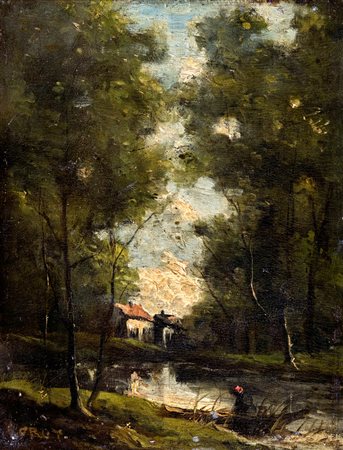 Jean-Baptiste Camille Corot (Parigi, 1796 - Parigi, 1875) 
Paesaggio boschivo con fiume e armenti 
Olio su tavola cm 24,5x19 - in cornice cm 51x42,5