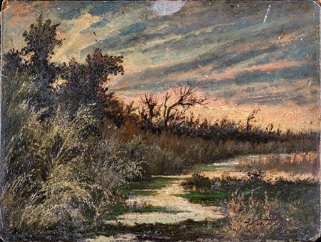 Achille Vertunni (Napoli, 1826 - Roma, 1897) 
Paesaggio palustre 
Olio su tavola - in cornice cm 35,5x45