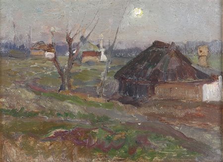 Umberto Moggioli (Trento, 1886 - Roma, 1919) 
Paesaggio 
Olio su cartone