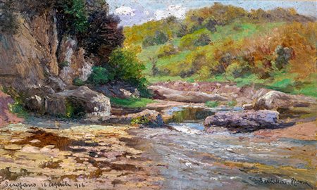 Cesare Bertolla (Lucca, 1845 - Roma, 1920) 
Paesaggio a Sacrofano 1916
Olio su cartone cm 22x37