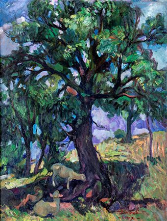 Giuseppe Rivaroli (Cremona, 1885 - Roma, 1943) 
Scena campestre 
Olio su tela applicata su cartone cm 57x44