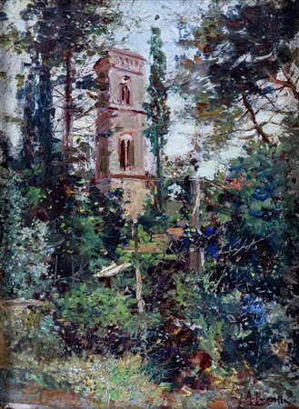 Attilio Pratella (Lugo, 1856 - Napoli, 1949) 
La torre nel bosco 
Olio su tavola cm 17,5x13