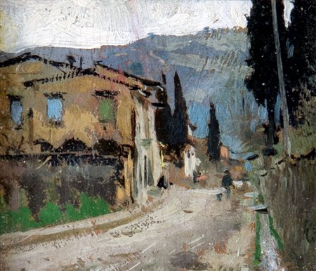 Raffaello Sorbi (Firenze, 1844 - Firenze, 1931) 
Scorcio di paese 
Olio su tavola cm 4x5,5 - in cornice cm 10,5x11