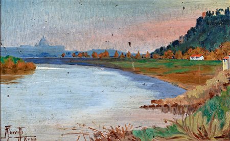 Filippo Anivitti (Roma, 1876 - Roma, 1955) 
Veduta di Roma con il fiume Tevere e San Pietro 
Olio su cartone cm 14,5x22,5