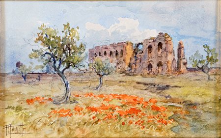 Filippo Anivitti (Roma, 1876 - Roma, 1955) 
Rovine dell'Acquedotto 1932
Matita e acquarello su carta cm 15,5x25
