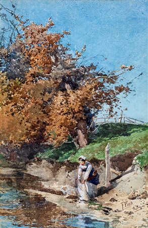 Filiberto Petiti (Torino, 1845 - Roma, 1924) 
Lavandaia al fiume 
Acquarello su carta cm 44,5x29,5
