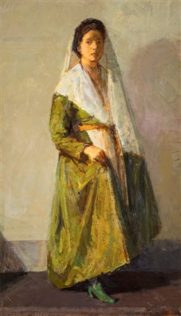 Leonardo Cremonini (1:Principale) (Bologna, 1925 - Parigi, 2010) 
Figura di donna in abiti popolari 
olio su tavola cm 89x52 - con la cornice: cm 107x69 
