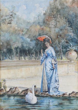 Luigi Da Rios (Ceneda, 1844 - Venezia, 1892) 
Passeggiata al parco 
Acquarello su carta cm 30x22