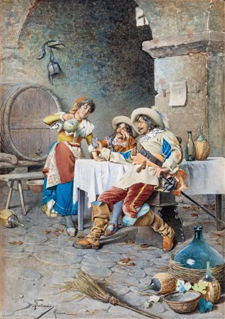 Francesco Ballesio (Torino, 1860 - Tivoli, 1923) 
Soldati all'osteria 
Acquarello e matita su carta applicata su cartoncino cm 50,5x35,5