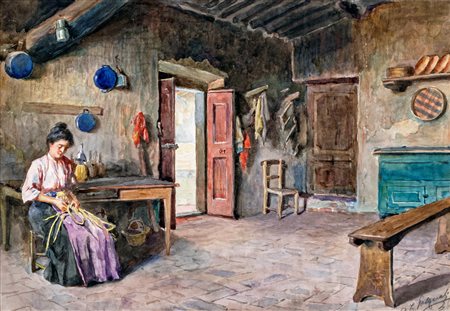 Pittore del XIX secolo ( - ) 
Scena di interno 
Acquarello su carta cm 25x35