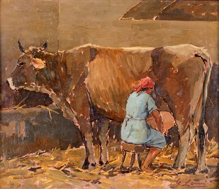 Giovanni Lomi (1:Principale) (Livorno, 1889 - Livorno, 1969) 
La mungitura 
Olio su tavola cm 33x40