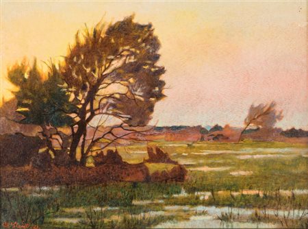 Llewelyn  Lloyd (Livorno, 1879 - Firenze, 1949) 
Sera alle Sabine (Vento) 
olio su tavola cm 27x36 - con la cornice: cm 49x58,5