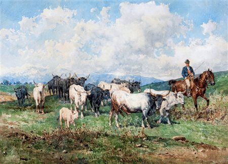 Giuseppe Gabani (Senigallia, 1846 - Roma, 1899) 
Pascolo 
Acquarello su carta cm 49x67