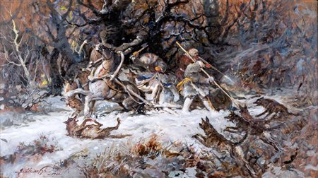 Giuseppe Chiacigh (Vladikavkaz, 1895 - Trieste, 1967) 
L'assalto alla slitta 1946
Olio su masonite cm 70x125