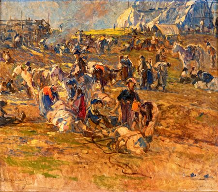 Ludovico Tommasi (Livorno, 1886 - Firenze, 1941) 
L'accampamento 
Olio su tela cm 54x61 - in cornice cm 82x91