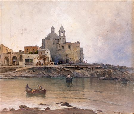 Salvatore Petruolo (Catanzaro, 1857 - Napoli, 1946) 
Costiera Amalfitana 
Olio cartone telato cm 40,5x48 - in cornice cm 52x58