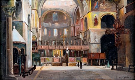Frans Vervloet (Mechelen, 1795 -  Venezia, 1872) 
Veduta dell'interno della Basilica di San Marco 
Olio su tavola cm 18x28 - in cornice: 33x45
