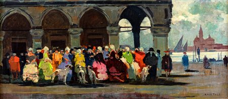 Renato Natali (Livorno, 1883 - Livorno, 1979) 
Il carnevale di Venezia 
Olio su tavola cm 40x89 - in cornice cm 58x107