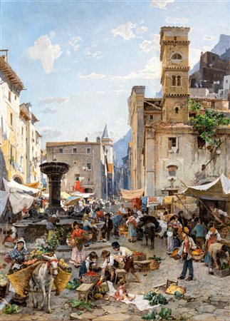 Franz Theodor Aerni (Aarburg, 1853 - Roma, 1918) 
Il mercato in piazza - Costiera Amalfitana 
olio su tela cm 104x76 - in cornice: 122x94