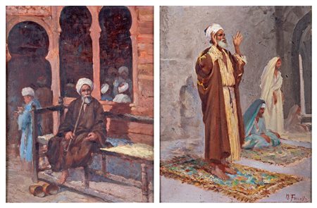 Nicola Forcella (Castellaneta, 1850 - ?) 
a) In preghiera nel tempio  b) Strada orientale con fumatore di pipa 
coppia di olii su tavola cm 25x20