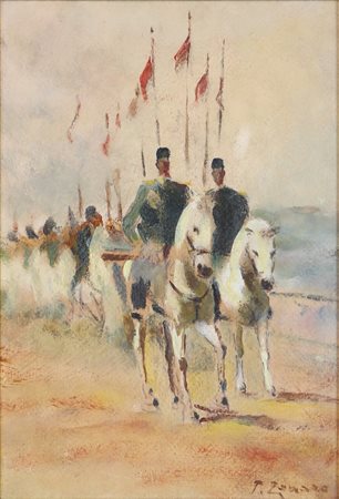 Fausto Zonaro (Masi (PD), 1854 - Sanremo, 1929) 
La marcia nel deserto 
olio su cartone cm 26,5x18,5