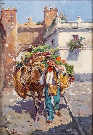 Antonino Leto (Monreale, 1844 - Capri, 1913) 
Il venditore con il carretto 
Olio su tavola cm 21,5x16 - in cornice cm 47x40
