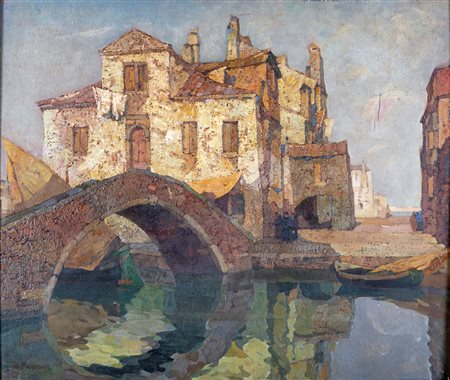 Angelo Pavan (Vicenza, 1893 - Venezia, 1945) 
Ricordi di una laguna 
Olio su tavola cm 50x60