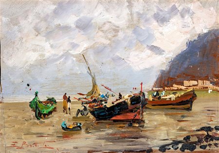 Ezelino Briante (Napoli, 1901 - Roma, 1971) 
Barche e pescatori 
Olio su tavola cm 24x34 - in cornice cm 39x49