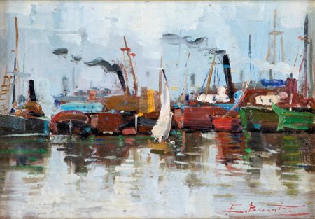 Ezelino Briante (Napoli, 1901 - Roma, 1971) 
Barche nel porto 
Olio su tavola cm 24x34 - in cornice cm 39x49