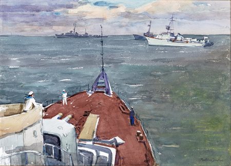Montague Dawson (Chiswick, 1895 - Midhurst, 1973) 
Navi militari 
Acquarello su carta cm 49x69