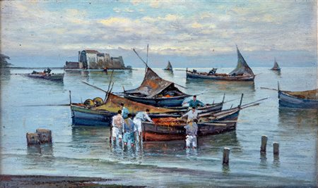 Raimondo Scoppa (Napoli, 1820 - Napoli, 1890) 
Pescatori con barche 
Olio su cartone cm 19,5x33 - in cornice cm 32x45