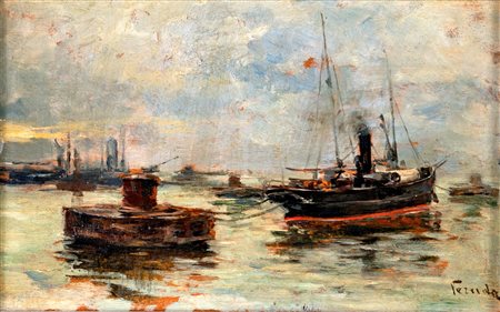 Umberto Veruda (Trieste, 1868 - Trieste, 1904) 
Il porto 
Olio su tavola cm 16x26