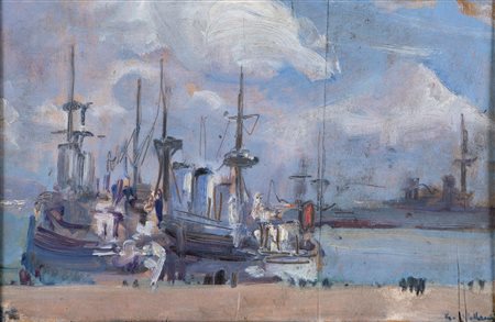 Gennaro Villani (Napoli, 1885 - Napoli, 1948) 
Imbarcazioni al porto 
Olio su tavola cm 19x29,5 - in cornice cm 32x42