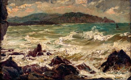 Pittore del XIX secolo ( - ) 
Mareggiata 
Olio su tavola cm 16,5x25 - in cornice cm 30x40