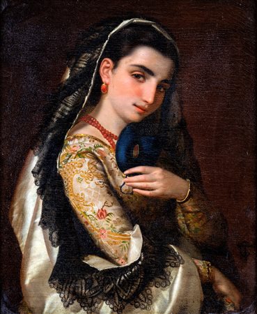 Tranquillo Cremona (Pavia, 1837 - Milano, 1878) 
La Mascherina 
Olio su tela cm 72x60 - in cornice cm 88x72