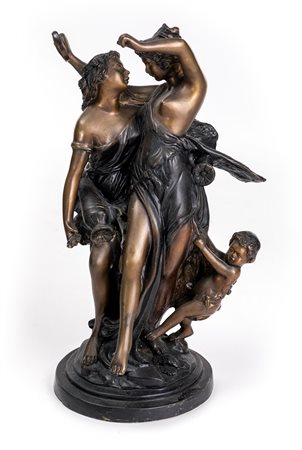  
Gruppo allegorico in lega metallica patinata, fine XIX/inizi XX secolo 
 altezza cm 45