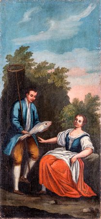 Scuola veneta del XVIII secolo ( - ) 
Scena galante con pescatore e donzella 
olio su tela cm 105x49 (s.c.)