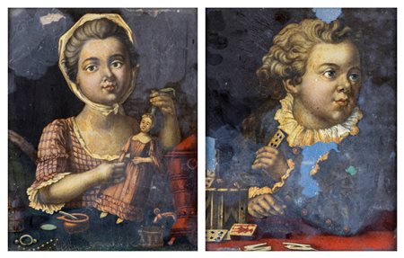 Scuola veneta del XVIII secolo ( - ) 
a) Bimba con la bambola  b) Bambino con le carte 
coppia di olii sottovetro cm 21x17 - in cornice cm 26x22