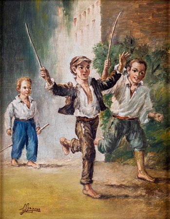 Gaetano Capone (Maiori, 1845 - Maiori, 1924) 
Bambini che giocano 
olio su tavola cm 30x24