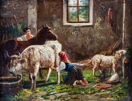 Pittore del XIX secolo ( - ) 
Interno di stalla 
olio su tela cm 40x53 - in cornice cm 63x75