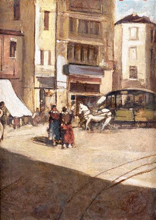 Mosè Bianchi (attribuito) (Monza, 1840 - Monza, 1904) 
Omnibus - Tram a cavalli 
olio su tavola cm 35x25 - in cornice cm 44x34