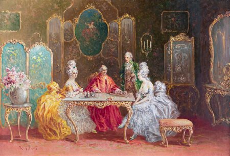 Raffaele Zeloni (attivo in Italia tra il XIX e il XX secolo - ) 
La partita di scacchi 
olio su tela cm 60x90 - in cornice: cm 85x116