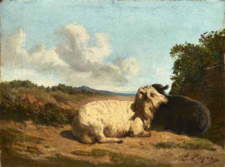 Emilio Lapi "Pecora bianca, pecora nera" 
olio su tela (cm 24x32,5)
Firmato in b